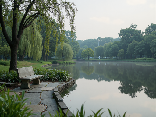 附近公园绿化景观,树木繁茂,人们休闲散步的场所,宁静的自然环境