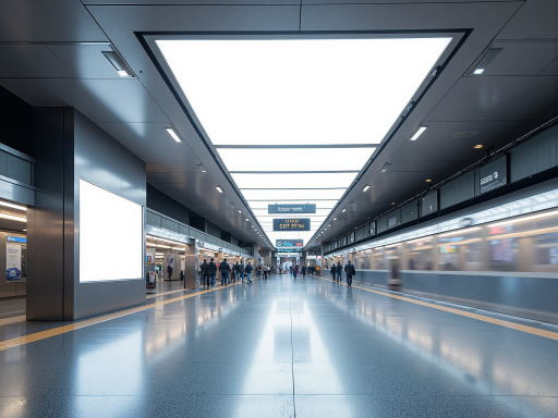 现代化地铁站入口,干净整洁的站台和指示牌,人们进出车站的日常场景